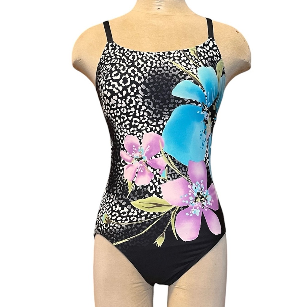 Dana Buchman Swimsuit Black One Piece Hawaiian Floral Animal Print 10